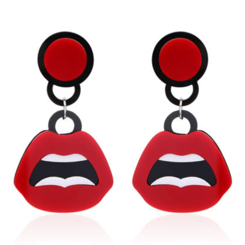 Dangle Acrylic Rocker Earrings Fun Red Lips - Picture 3 of 5